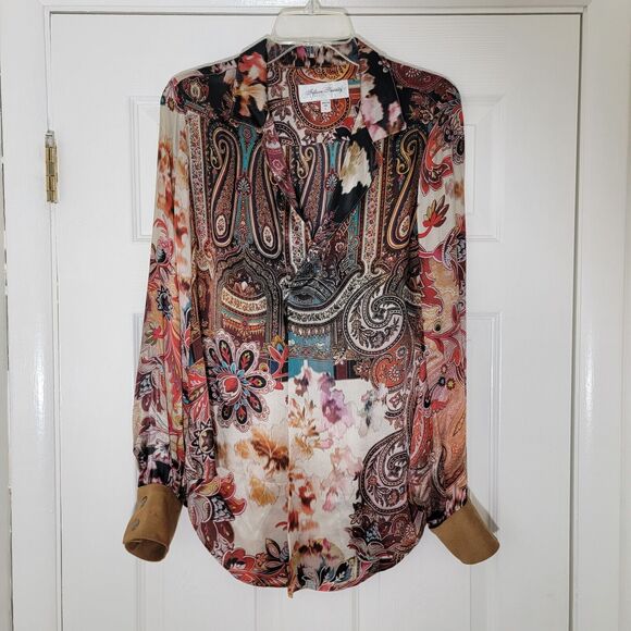 Fifteen-Twenty Tops - Vintage Fifteen-Twenty Silk Popover Blouse Multicolor Suede Cuffs Sz L USA Made